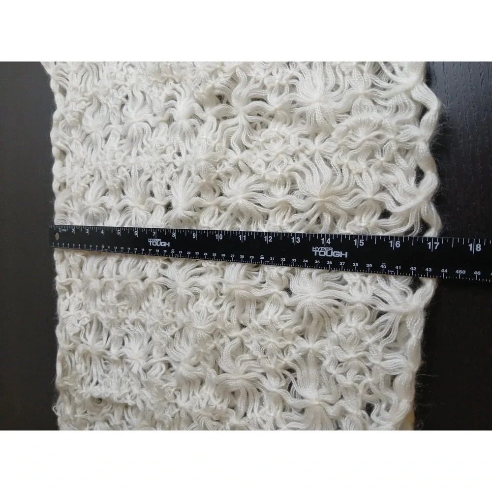 Vintage Crochet Long 64'Scarf Cream Handmade Open Weave Boho Fringe 17' Wid#496C